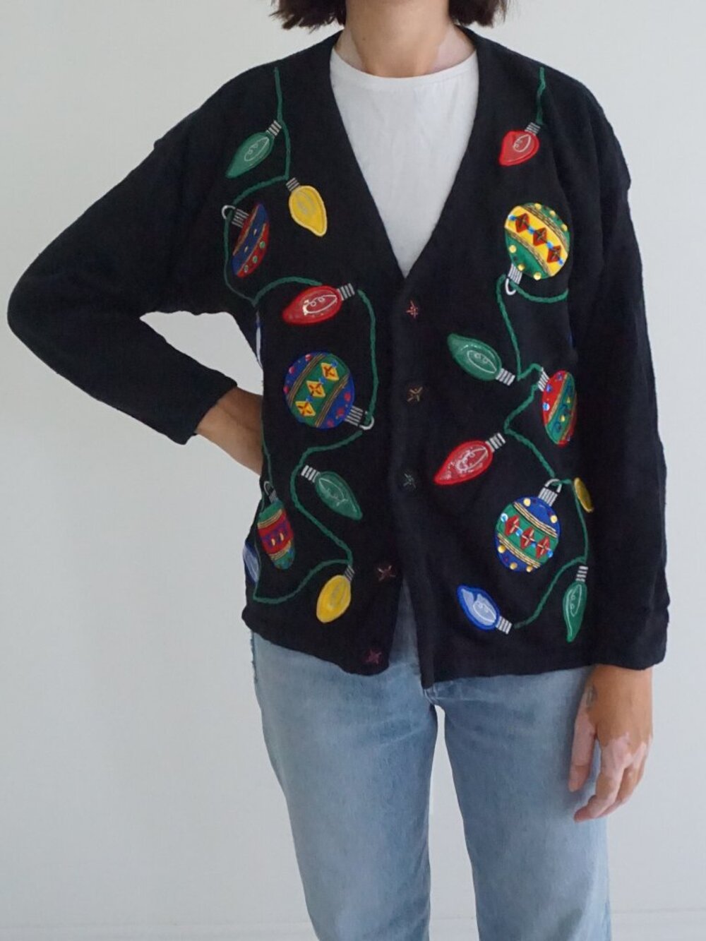 Vintage Mandal Bay Black Christmas Lights Ornaments Embroidery Knit Cardigan L